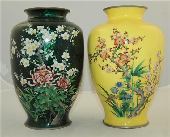 Two Japanese cloisonne enamel ovoid vases, mid 20th century, both 24.5cm, some damage, wood stands